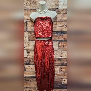 GB Gianni Bini Red Sequin Set Top & Midi Pencil Skirt Slit Party Holiday Size M